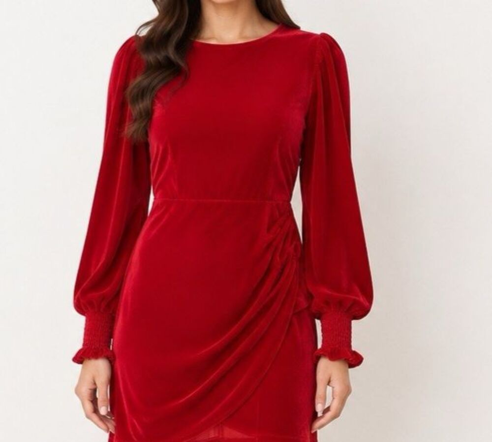 AURA Red Velvet Ruched Puff Long Sleeve Short Dress Women's Size M